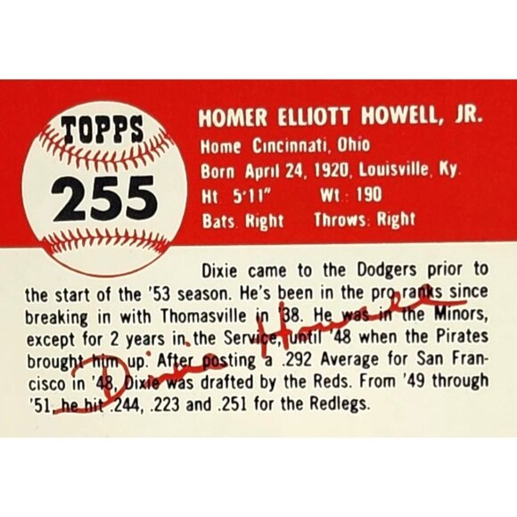 Dixie Howell Brooklyn Dodgers #255 1953 Topps Baseball Card - Vintage - Picture 4 of 5